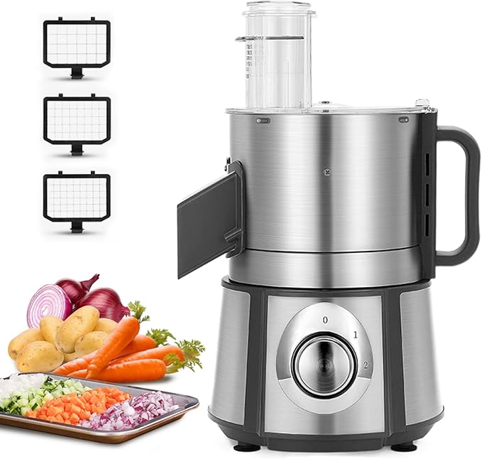 Sunzone Q1C  Electric Vegetable Dicer Stainless Steel Food Processor 16-Cup 300W Commercial Veggie Chopper Heavy Duty Fruits Cutter with 1/4" 3/8" 1/2" Blades Auto Discharge for Carrot Potato Onion