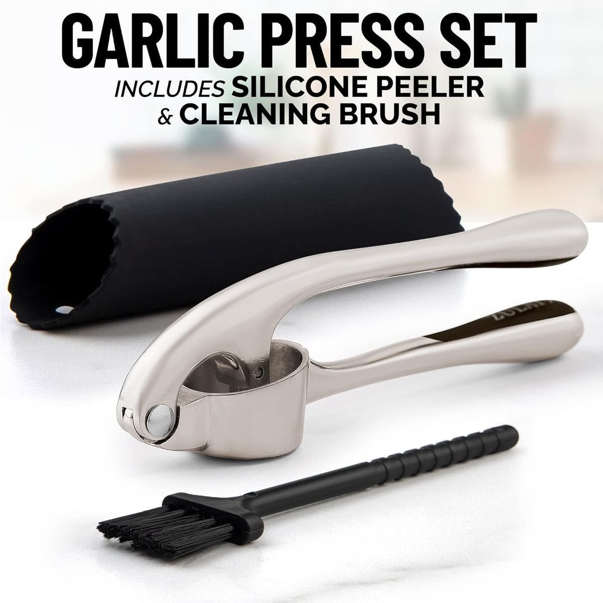 Sunzone D5441  Premium Garlic Press Set - Rust Proof & Dishwasher Safe Professional Garlic Mincer Tool - Easy-Squeeze, Easy-Clean with Soft, Ergonomic Handle - Silicone Garlic Peeler & Brush (Silver)