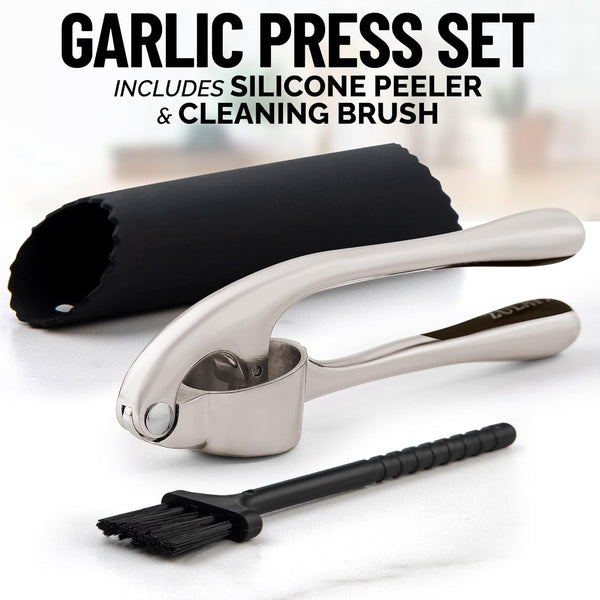 Sunzone D5441  Premium Garlic Press Set - Rust Proof & Dishwasher Safe Professional Garlic Mincer Tool - Easy-Squeeze, Easy-Clean with Soft, Ergonomic Handle - Silicone Garlic Peeler & Brush (Silver)