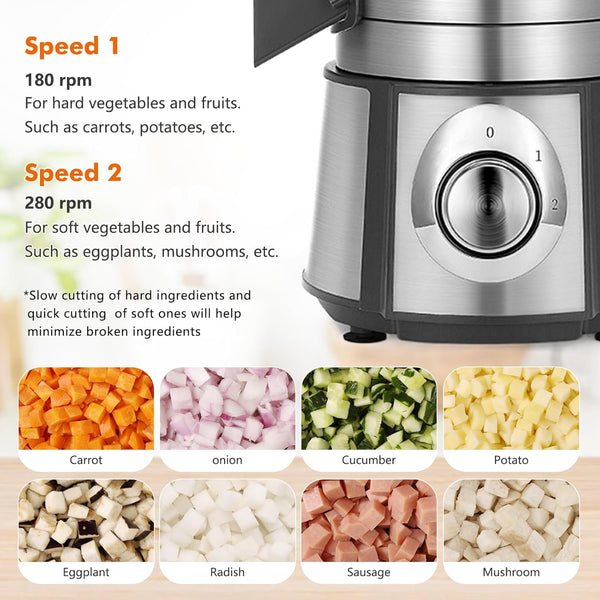 Sunzone Q1C  Electric Vegetable Dicer Stainless Steel Food Processor 16-Cup 300W Commercial Veggie Chopper Heavy Duty Fruits Cutter with 1/4" 3/8" 1/2" Blades Auto Discharge for Carrot Potato Onion