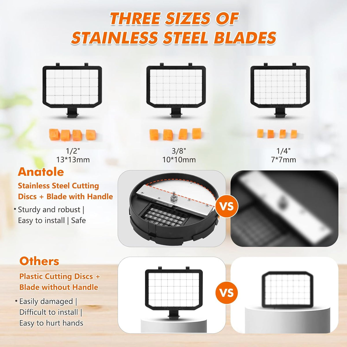 Sunzone Q1C  Electric Vegetable Dicer Stainless Steel Food Processor 16-Cup 300W Commercial Veggie Chopper Heavy Duty Fruits Cutter with 1/4" 3/8" 1/2" Blades Auto Discharge for Carrot Potato Onion