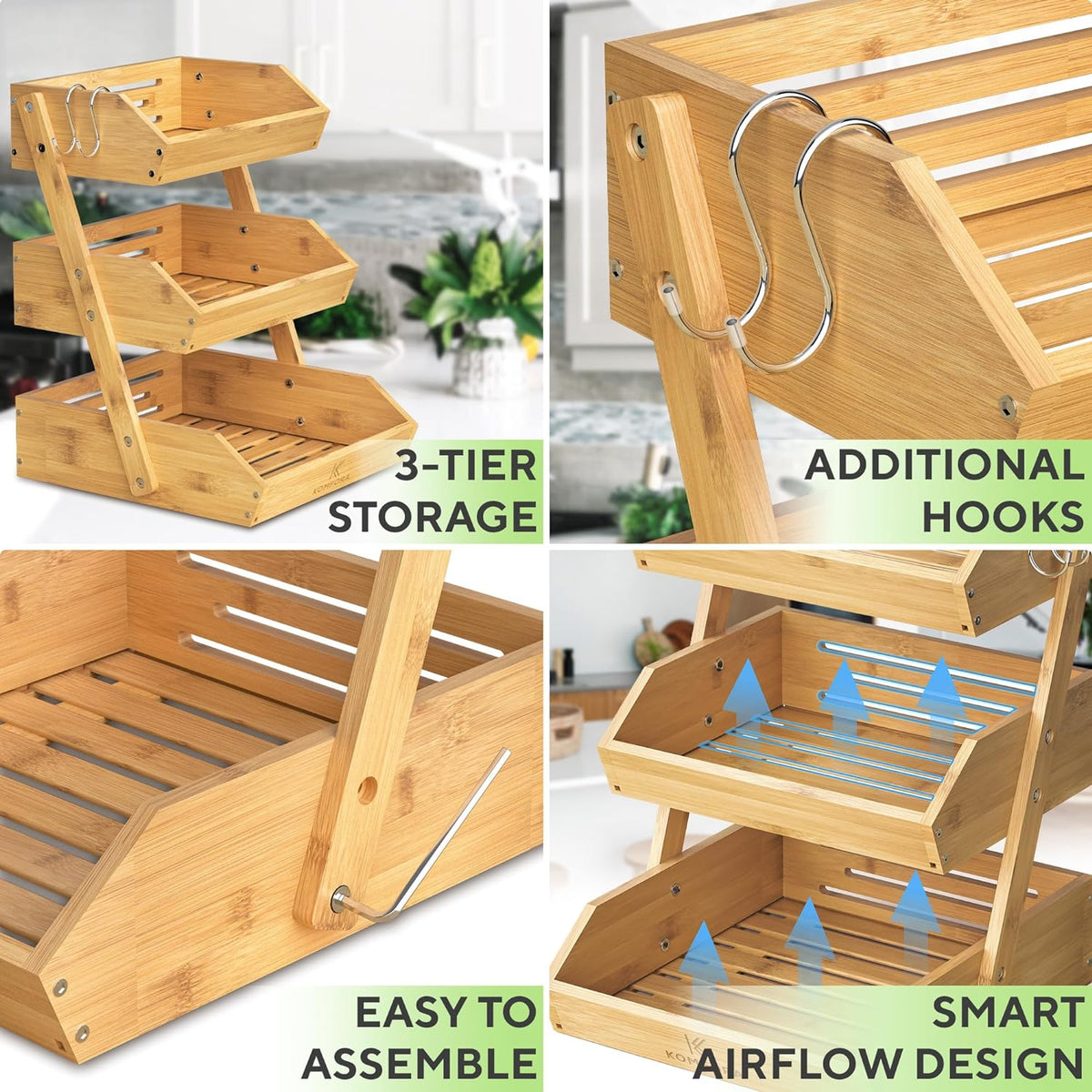 Sunzone C-2441 Bamboo Fruit Basket 3-Tier - Premium Produce Basket for Kitchen w/ 2 Hangers - Durable & Easy to Assemble Stand for Countertop - Perfect Holder for Vegetables, Bread, Snacks & More