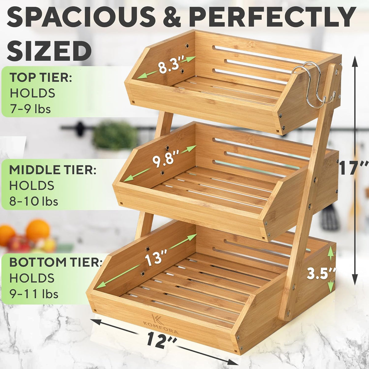 Sunzone C-2441 Bamboo Fruit Basket 3-Tier - Premium Produce Basket for Kitchen w/ 2 Hangers - Durable & Easy to Assemble Stand for Countertop - Perfect Holder for Vegetables, Bread, Snacks & More