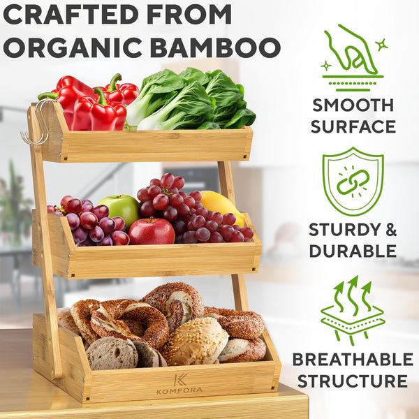 Sunzone C-2441 Bamboo Fruit Basket 3-Tier - Premium Produce Basket for Kitchen w/ 2 Hangers - Durable & Easy to Assemble Stand for Countertop - Perfect Holder for Vegetables, Bread, Snacks & More