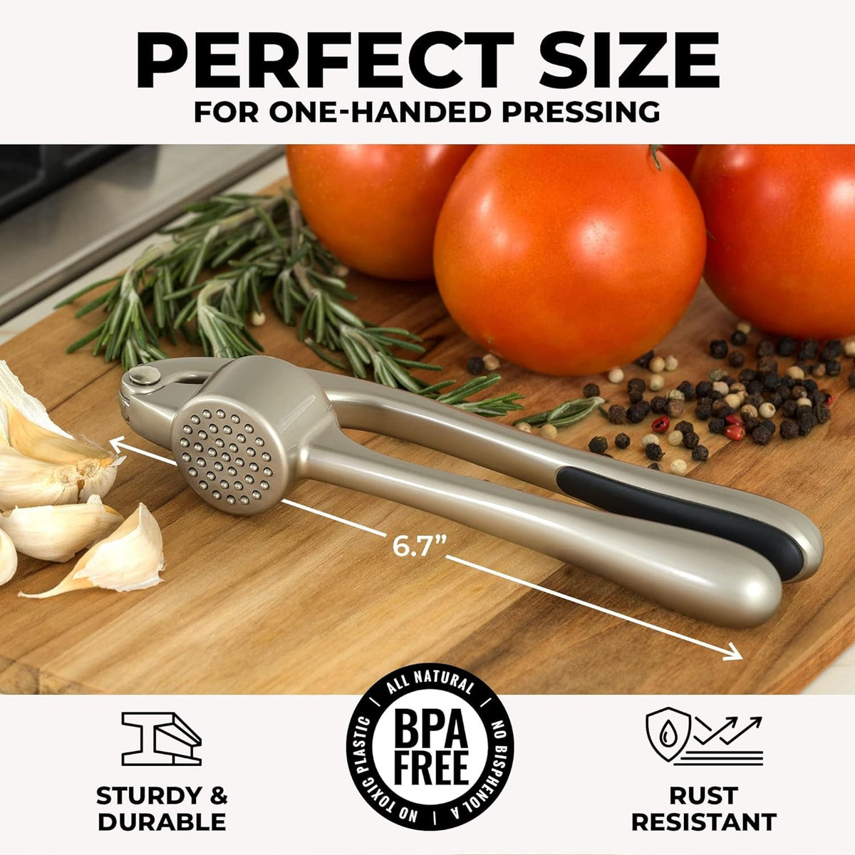 Sunzone D5441  Premium Garlic Press Set - Rust Proof & Dishwasher Safe Professional Garlic Mincer Tool - Easy-Squeeze, Easy-Clean with Soft, Ergonomic Handle - Silicone Garlic Peeler & Brush (Silver)