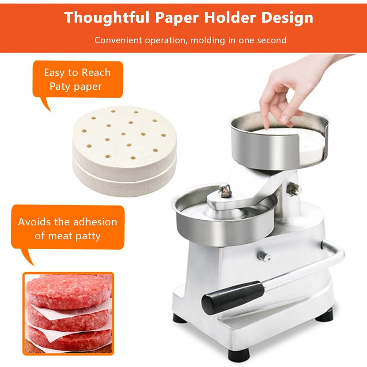 Sunzone A-100 Hamburger Press, Non-Stick Hamburger Patty Maker with Greaseproof Papers, Stainless Steel Burger Press Machine, Aluminum Burger Maker for Kitchen BBQ Grill,6"(150mm)