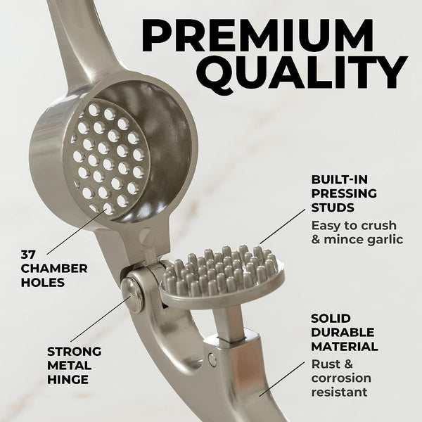 Sunzone D5441  Premium Garlic Press Set - Rust Proof & Dishwasher Safe Professional Garlic Mincer Tool - Easy-Squeeze, Easy-Clean with Soft, Ergonomic Handle - Silicone Garlic Peeler & Brush (Silver)