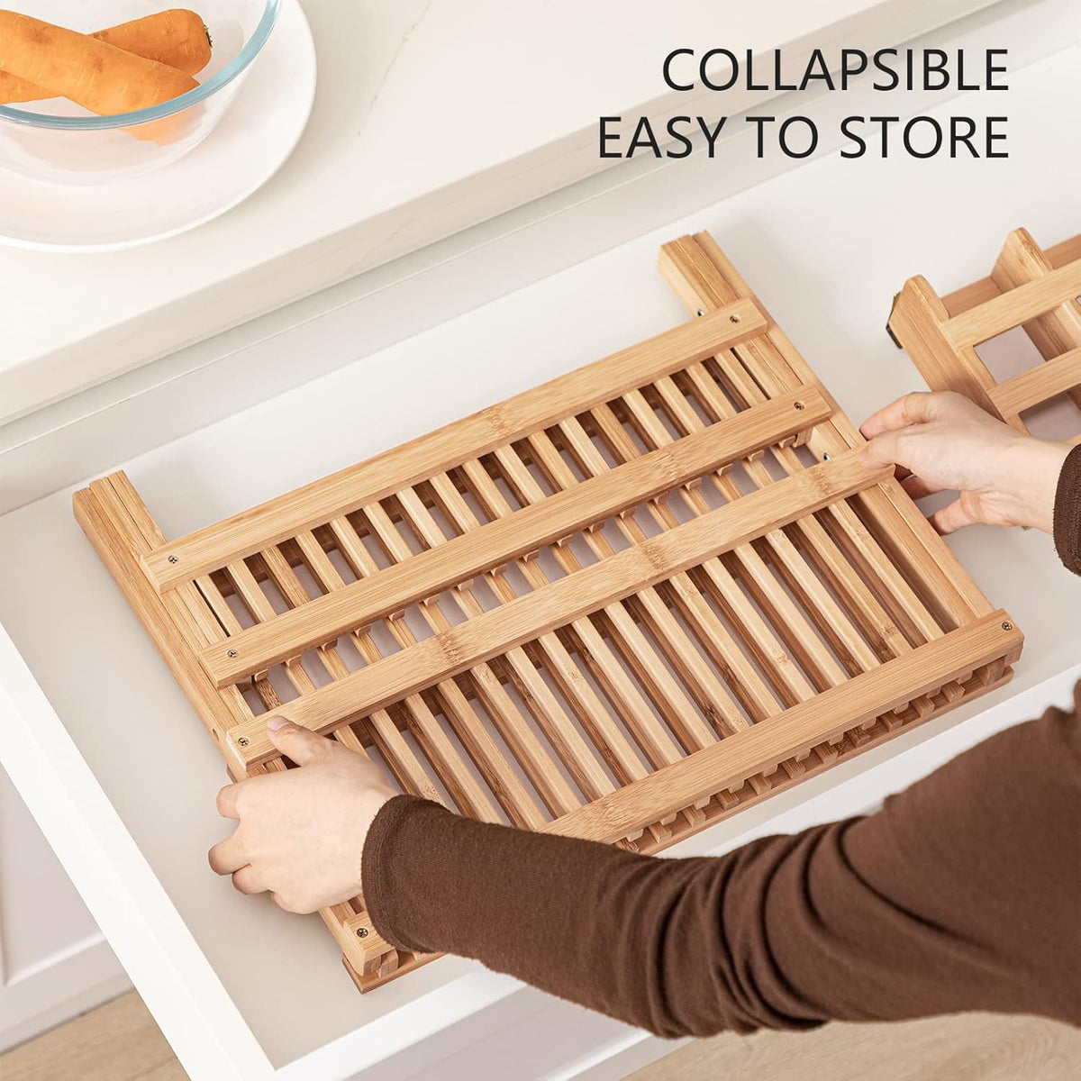 Sunzone D-142 Dish Rack, Bamboo Folding 2-Tier Collapsible Drainer Dish Drying Rack with Utensils Flatware Holder Set (Dish Rack with Utensil Holder)