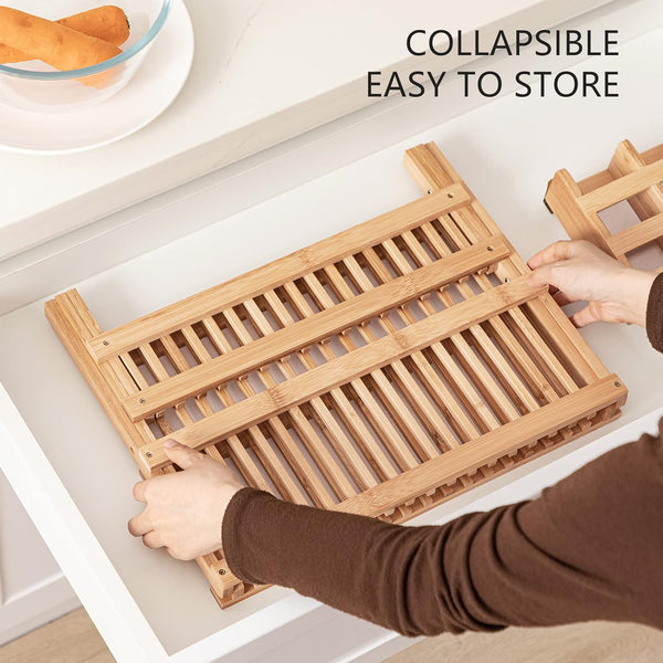 Sunzone D-142 Dish Rack, Bamboo Folding 2-Tier Collapsible Drainer Dish Drying Rack with Utensils Flatware Holder Set (Dish Rack with Utensil Holder)