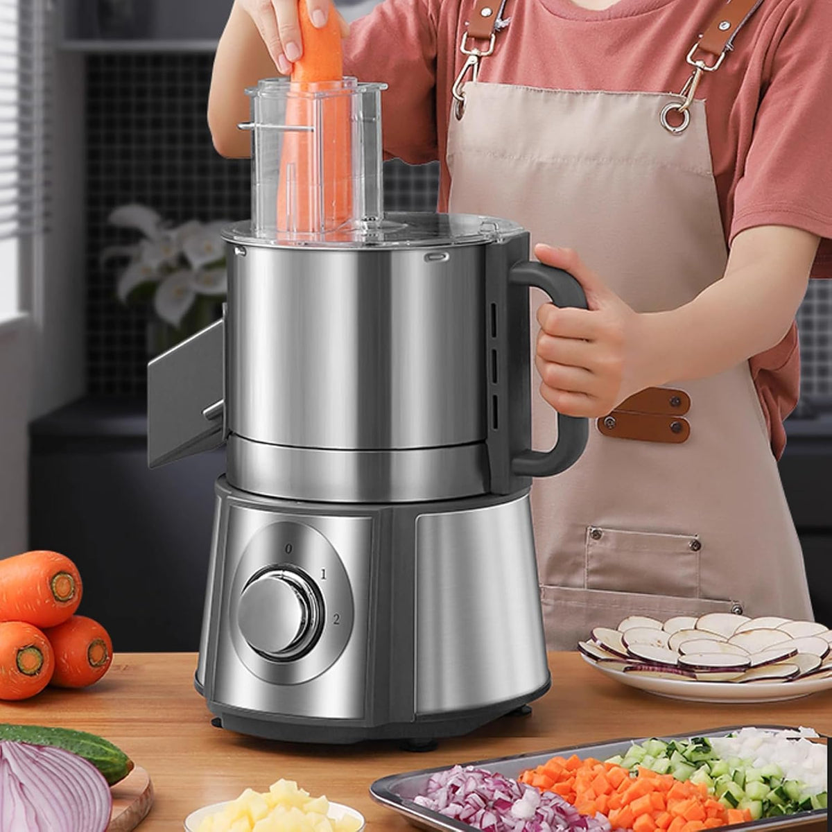 Sunzone Q1C  Electric Vegetable Dicer Stainless Steel Food Processor 16-Cup 300W Commercial Veggie Chopper Heavy Duty Fruits Cutter with 1/4" 3/8" 1/2" Blades Auto Discharge for Carrot Potato Onion