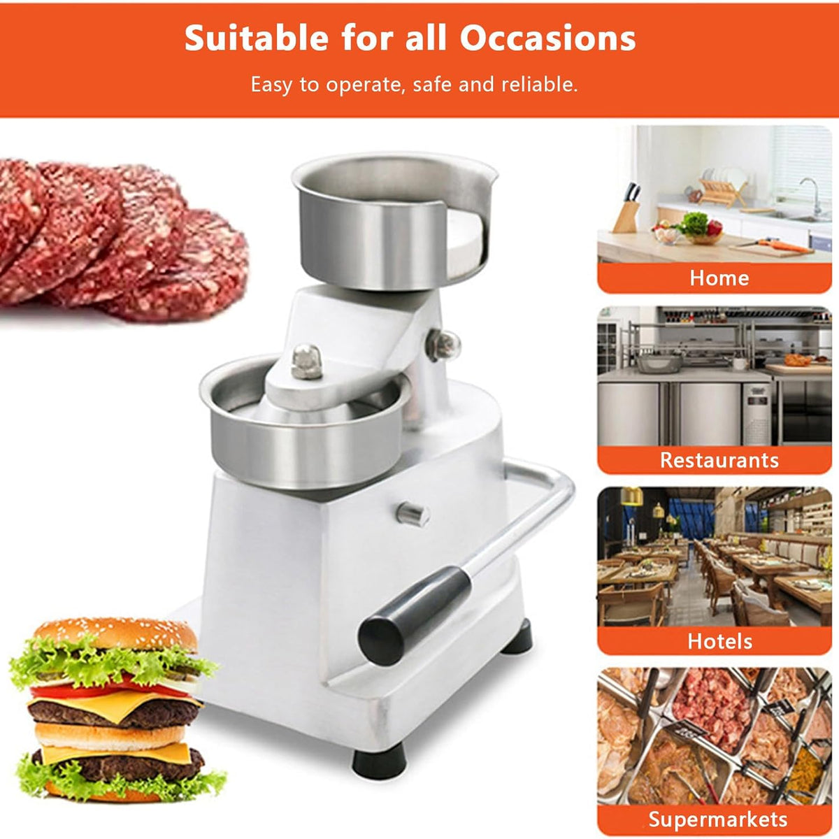 Sunzone A-100 Hamburger Press, Non-Stick Hamburger Patty Maker with Greaseproof Papers, Stainless Steel Burger Press Machine, Aluminum Burger Maker for Kitchen BBQ Grill,6"(150mm)