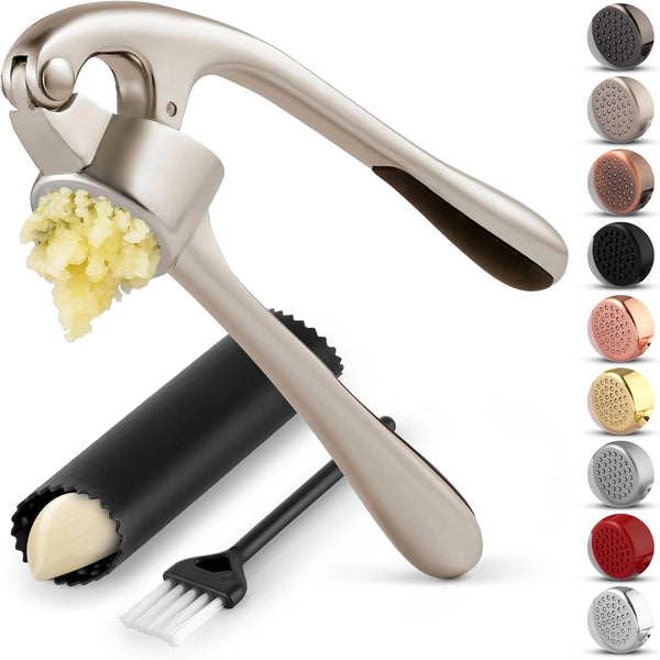 Sunzone D5441  Premium Garlic Press Set - Rust Proof & Dishwasher Safe Professional Garlic Mincer Tool - Easy-Squeeze, Easy-Clean with Soft, Ergonomic Handle - Silicone Garlic Peeler & Brush (Silver)