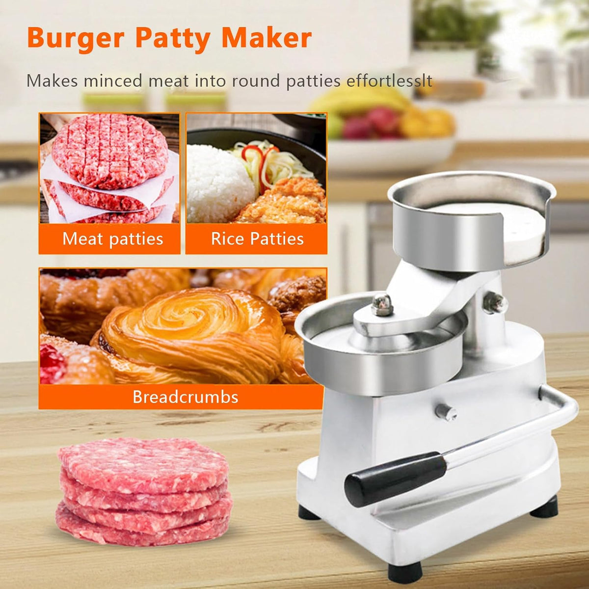 Sunzone A-100 Hamburger Press, Non-Stick Hamburger Patty Maker with Greaseproof Papers, Stainless Steel Burger Press Machine, Aluminum Burger Maker for Kitchen BBQ Grill,6"(150mm)
