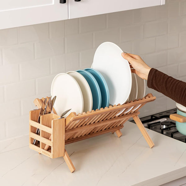 Sunzone D-142 Dish Rack, Bamboo Folding 2-Tier Collapsible Drainer Dish Drying Rack with Utensils Flatware Holder Set (Dish Rack with Utensil Holder)