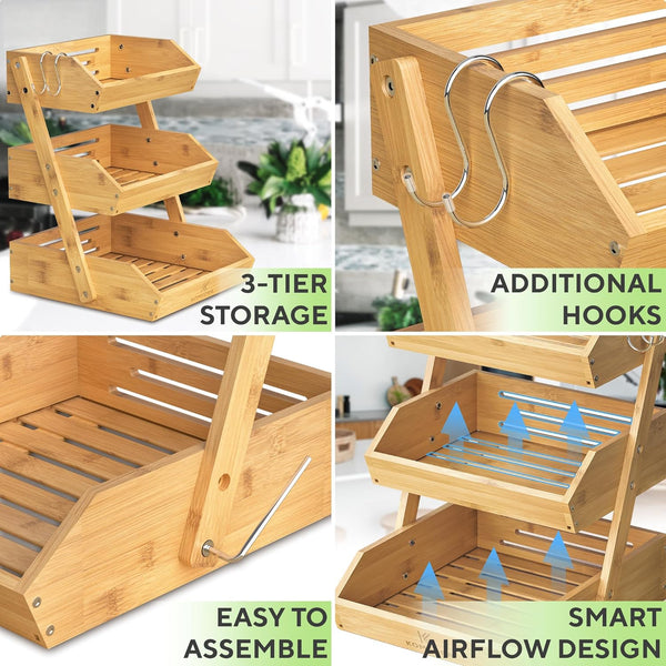 Sunzone C-2441 Bamboo Fruit Basket 3-Tier - Premium Produce Basket for Kitchen w/ 2 Hangers - Durable & Easy to Assemble Stand for Countertop - Perfect Holder for Vegetables, Bread, Snacks & More