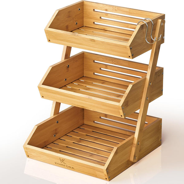 Sunzone C-2441 Bamboo Fruit Basket 3-Tier - Premium Produce Basket for Kitchen w/ 2 Hangers - Durable & Easy to Assemble Stand for Countertop - Perfect Holder for Vegetables, Bread, Snacks & More