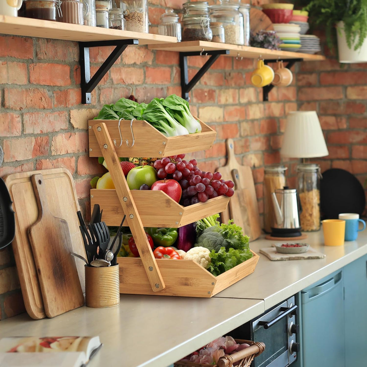 Sunzone C-2441 Bamboo Fruit Basket 3-Tier - Premium Produce Basket for Kitchen w/ 2 Hangers - Durable & Easy to Assemble Stand for Countertop - Perfect Holder for Vegetables, Bread, Snacks & More