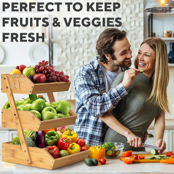 Sunzone C-2441 Bamboo Fruit Basket 3-Tier - Premium Produce Basket for Kitchen w/ 2 Hangers - Durable & Easy to Assemble Stand for Countertop - Perfect Holder for Vegetables, Bread, Snacks & More